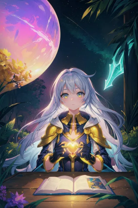 a girl with long white hair and a sword sitting on a table in front of a book