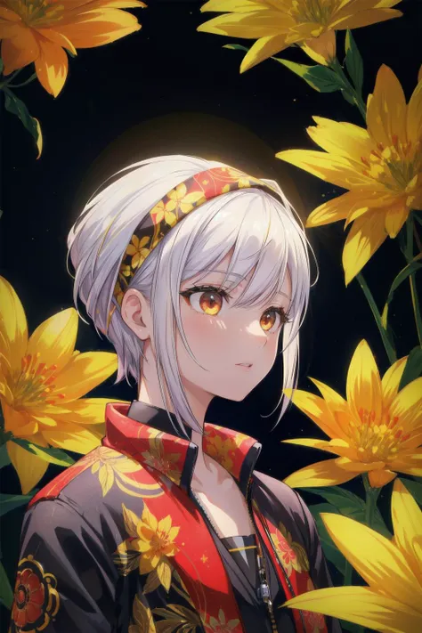 a woman with white hair and yellow eyes standing in front of yellow flowers