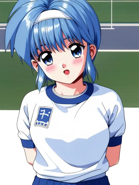 <lora:Nijino_Saki:0.8> NijinoSaki, 1girl, buruma, gym uniform, arms behind back, headband, blush, solo, blue buruma, solo focus, retro artstyle,
on, large_filesize, full color,