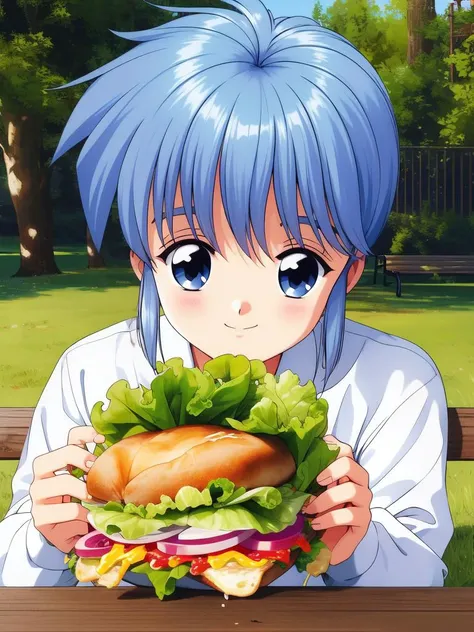 <lora:Nijino_Saki:0.8>NijinoSaki, 1girl, solo, food, smile, holding, looking at viewer, lettuce, outdoors, bangs, shirt, long sleeves, table, bench, upper body, day, white shirt, closed mouth, sidelocks, sandwich, grass,
masterpiece, high quality, very_hig...