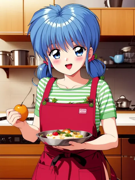 <lora:Nijino_Saki:0.8> NijinoSaki, 1girl, solo, food, fruit, striped shirt, strawberry, striped, holding, shirt, apron, open mouth, twintails, holding food, looking at viewer, smile, short twintails, short sleeves, holding fruit, indoors, yellow shirt, cop...