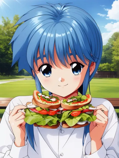 <lora:Nijino_Saki:0.8>NijinoSaki, 1girl, solo, food, smile, holding, looking at viewer, lettuce, outdoors, bangs, shirt, long sleeves, table, bench, upper body, day, white shirt, closed mouth, sidelocks, sandwich, grass,
masterpiece, high quality, very_hig...