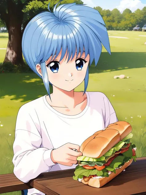 <lora:Nijino_Saki:0.8>NijinoSaki, 1girl, solo, food, smile, holding, looking at viewer, lettuce, outdoors, bangs, shirt, long sleeves, table, bench, upper body, day, white shirt, closed mouth, sidelocks, sandwich, grass,
masterpiece, high quality, very_hig...