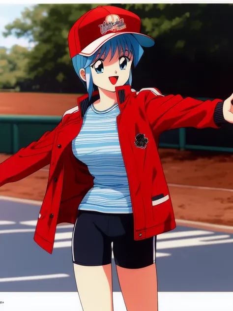 <lora:Nijino_Saki:0.8>NijinoSaki, 1girl, solo, striped shirt, hat, striped, shirt, jacket, baseball cap, open mouth, retro artstyle, bike shorts, long sleeves, outstretched arms, shorts, looking at viewer, spread arms, open clothes, feet out of frame, 1990...