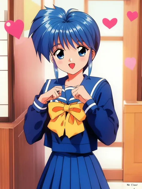 <lora:Nijino_Saki:0.8> NijinoSaki, 1girl, solo, school uniform, retro artstyle, 1990s (style), yellow bow, serafuku, open mouth, long sleeves, looking at viewer, bow, character name, smile, skirt, heart, sailor collar, blue skirt,
school in teh room,
maste...