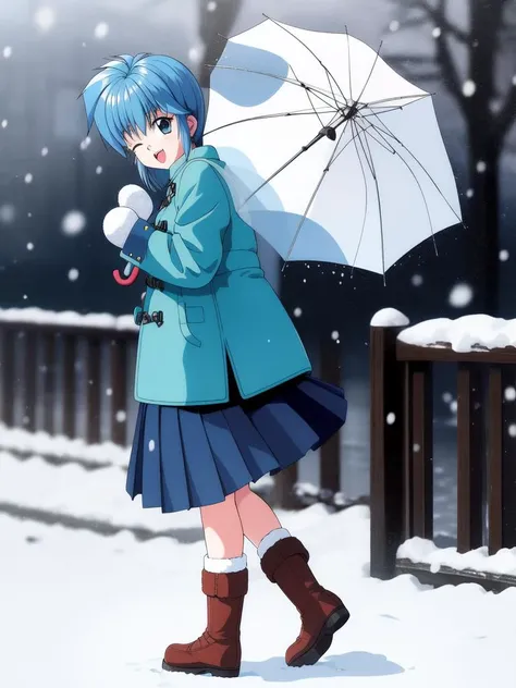 <lora:Nijino_Saki:0.8>NijinoSaki, 1girl, solo, umbrella, retro artstyle, 1990s (style), one eye closed, boots, coat, holding, open mouth, skirt, mittens, long sleeves, full body, holding umbrella, standing, copyright name, looking at viewer, snow, winter c...