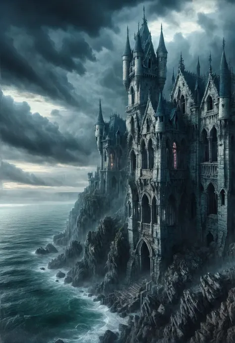 ais-rcn, an abandoned castle perched on a cliff overlooking the sea, its empty windows gazing out over turbulent waters, as if waiting for a return that never comes <lora:ais-rcn-sdxl:1>, cinematic