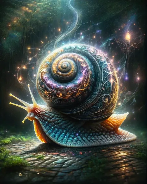 RAW photo, (Snail:1.3) , Joyful, dynamic, Canon RF, 80mm, stylized, ((Elegant)) , ((Phenomenal)) , ((Breathtaking)) , ((Detailed)) , ((Captivating)) , ((Astounding)) , fantasy, Spells, Nature, Mystical, oil painting, Oil on canvas, Oil artwork, Canvas pain...