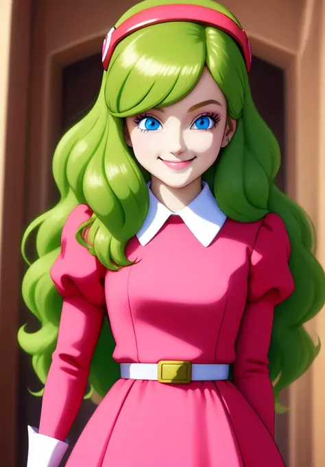 a close up of a woman in a pink dress with green hair