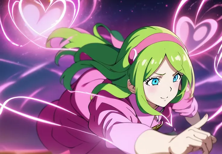 anime girl with green hair flying through the air with a pink heart