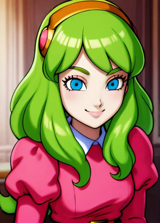 a cartoon girl with green hair and blue eyes wearing a pink dress