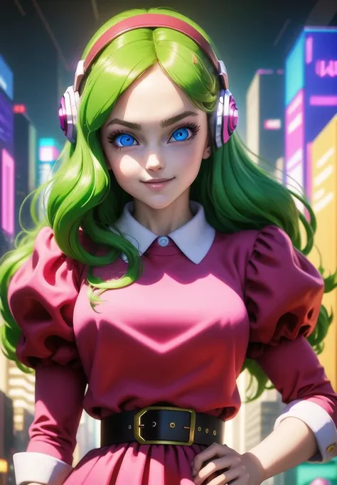 a woman with green hair and headphones standing in a city