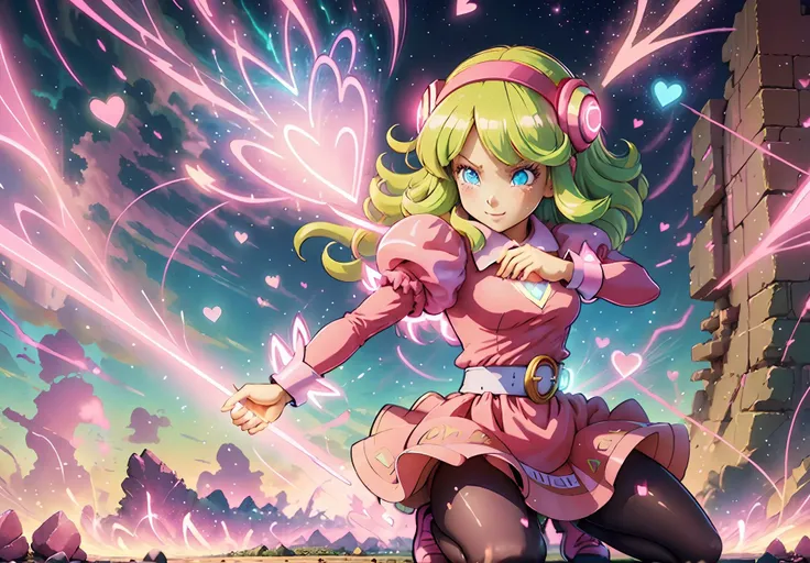 anime girl with green hair and pink dress holding a pink object