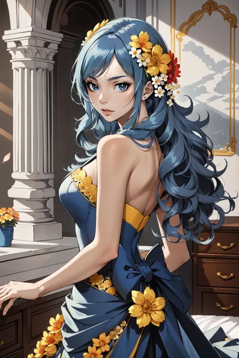 a woman in a blue dress with flowers in her hair