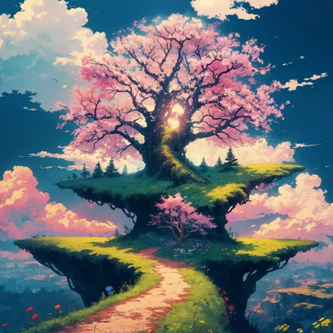 a painting of a tree on a cliff with a path going through it