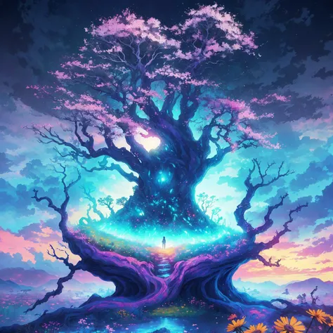 a painting of a tree with a purple sky and a purple sky