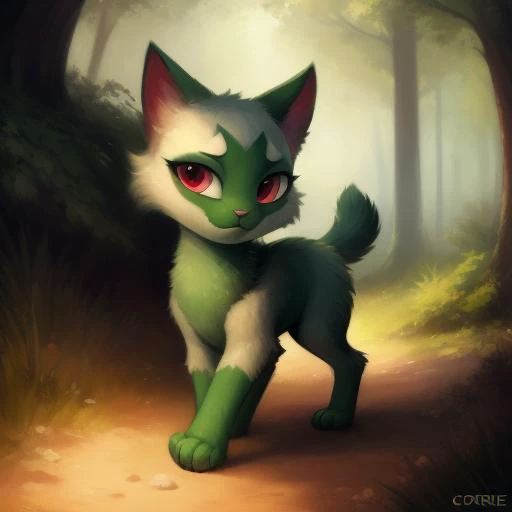 a painting of a cat with red eyes walking in the woods