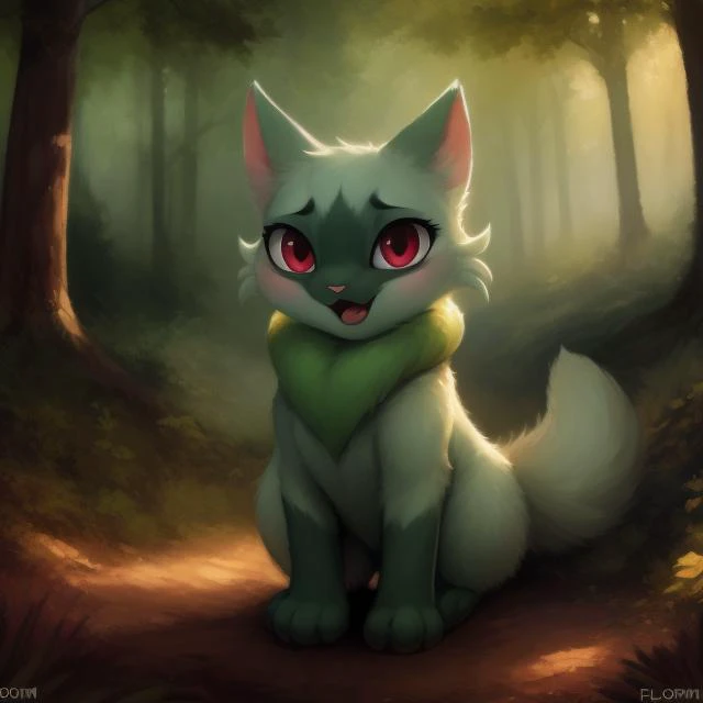 a painting of a cat with red eyes sitting in the woods