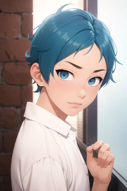 masterpiece, best quality, high quality, 1boy, solo, male focus, looking at viewer, upper body, <lora:makio_tanihara:0.56>, makio_tanihara, blue hair, blue eyes, ,