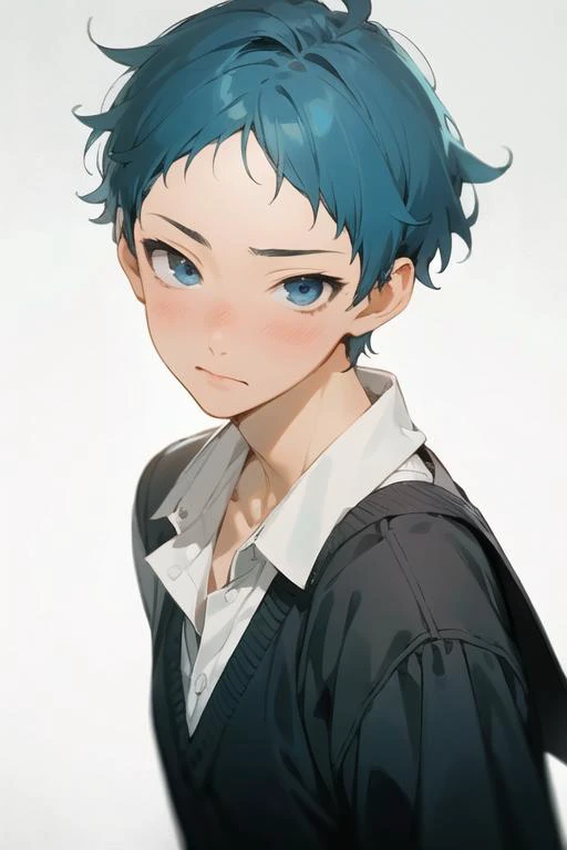 masterpiece, best quality, high quality, 1boy, solo, male focus, looking at viewer, upper body, <lora:makio_tanihara:0.52>, makio_tanihara, blue hair, blue eyes, realistic, school uniform