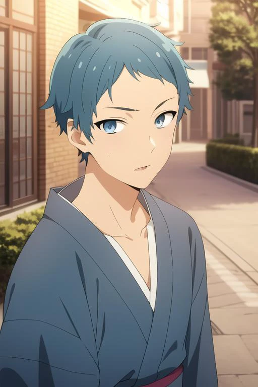 masterpiece, best quality, high quality, 1boy, solo, male focus, looking at viewer, upper body, <lora:makio_tanihara:0.68>, makio_tanihara, blue hair, blue eyes, , yukata