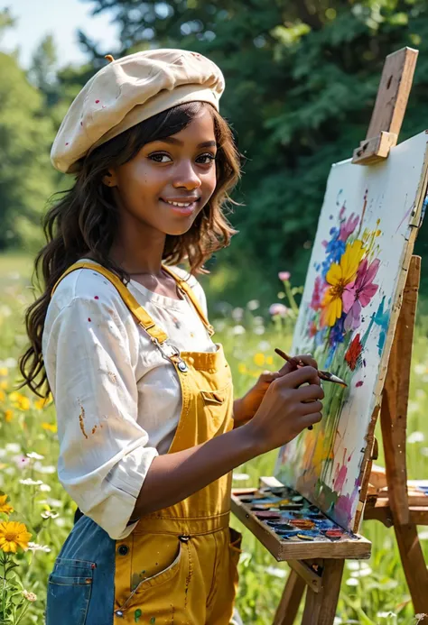 (medium full shot) of (colorful painter) young woman, african, dark skin, black eyes, tiny build, extra long hazel bangs hair,  ...