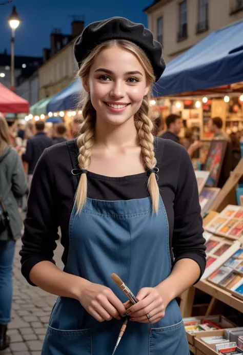 (medium full shot) of (chic painter) young woman, british, light skin, brown eyes, voluptuous build, medium blonde french braid ...