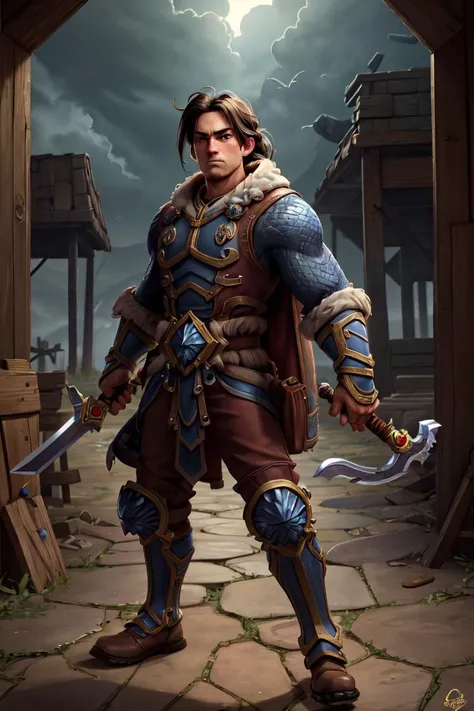 best quality, masterpiece, <lora:more_details:0.3>,<lyco:GoodHands-beta2:1>, ultra high res, masterpiece, <lora:varian:0.8>, varian, cowboy shot, Holding a long sword in hand, Atmospheric Perspective,male focus