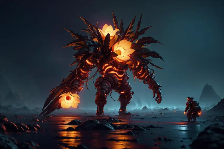 a giant robot with a large flame on its head standing in the middle of a desert