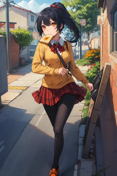 ((((ultra illustrated style:1.0)))),best quality,best animated,masterpiece,ray tracing, global illumination,running, 1girl, pantyhose, school uniform, skirt, black pantyhose, outdoors, ponytail, solo, plaid skirt, day, shoes, black hair, plaid, bow, hair o...