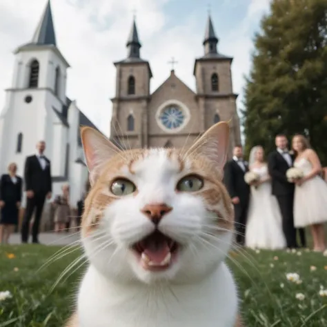 cinematic photo cat as cfb,in foreground blurry, church background, man, woman wedding, <lora:CatPhotoBomb-000010:0.7>, (dutch angle), parody, meme . 35mm photograph, film, bokeh, professional, 4k, highly detailed