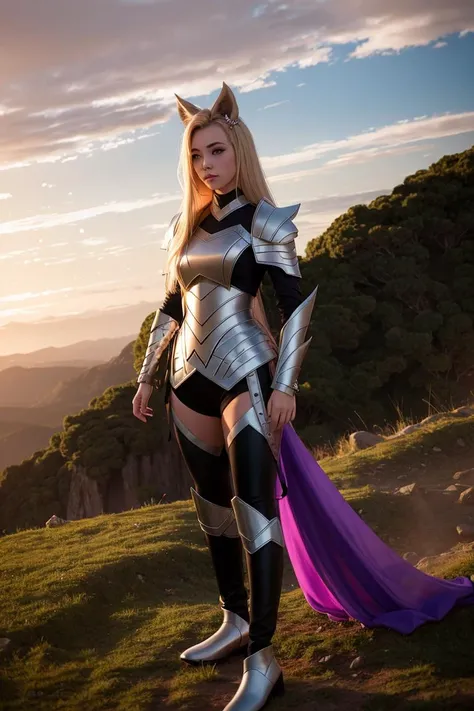 full body, full body shot, body photograph, <lora:ahriLeagueOfLegends_ahri45Suggested:0.65 >, background is castle, dark dragon, highres, silver plate armor, metal pants, knight, sword, middle age, ahri (league of legends), league of legends, medium breast...