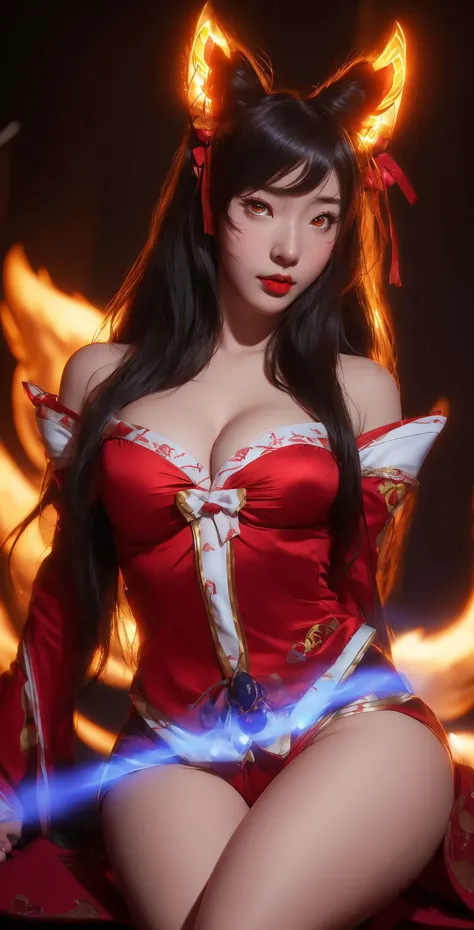 1girl, high resolution, ((sexy)), sexy pose, seductive, (face focus:1.2), overwatch,perky breasts, korean girl, long hair, (ahri outfit:1.2), dva, (petite:1.2),  <lora:ahri-000045:.6>, ahri, 9 tailed fox girl, young, (glowing eyes:1.2), realistic, absurd r...