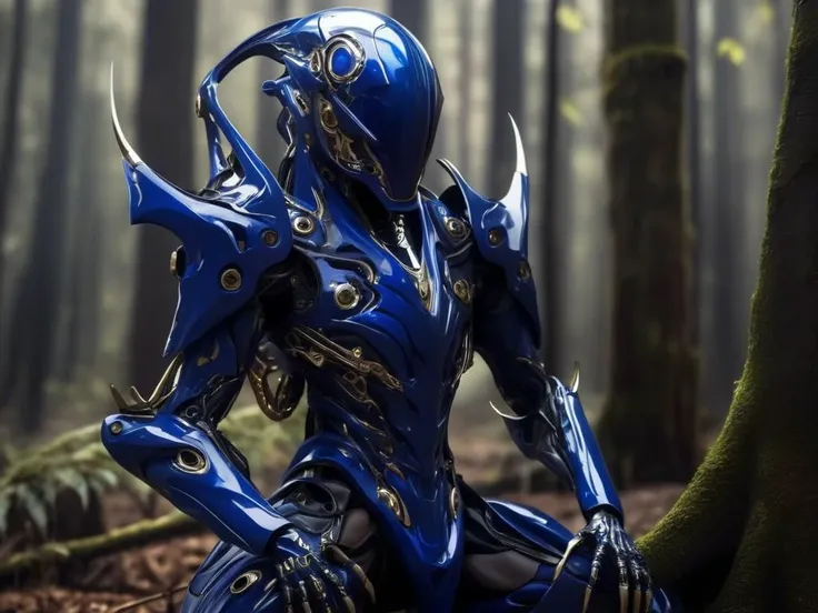 Futuristic alien wearing sapphire slender mechanical armor, kneeling in the forest, damaged helmet, <lora:FuturisticAlienV1:1>,