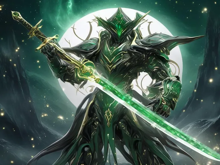 Futuristic alien wearing emerald mechanical armor, holding a sword, in a combative stance, outside in the moonlit plains, <lora:FuturisticAlienV1:1>,  <lora:XLKnightV1:1>,