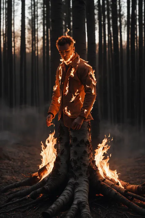 a man standing in front of a fire in the woods