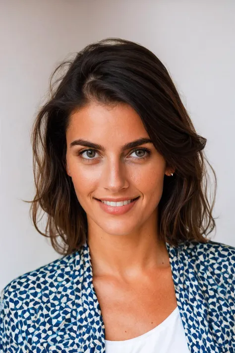 a woman with a blue and white jacket and white shirt