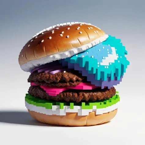 a close up of a lego burger with a large patty on it