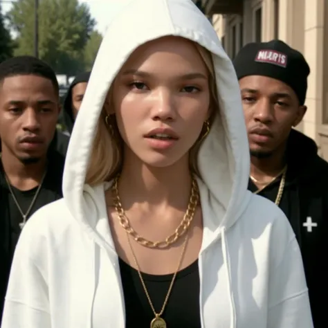 screen cap restored from security camera,a hooded thug life girl sasha luss in the hood, surrounded by black rappers gang thugs, golden chains, music album cover