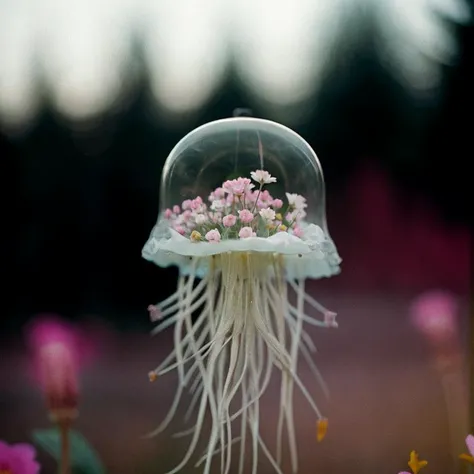 ((screen grab vhs quality (restored from security camera:0.8):0.8),(dreamy depth of field bokeh effects photo by alessio albi of:0.8) (flower) (jellyfish) fusion hybrid mix of jellyfish and flowers, (analog grainy scratchy film still by ilford delta:0.8):0...