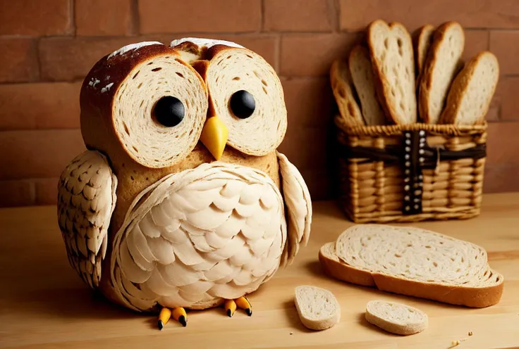 arafly shaped owl sitting on a table next to bread