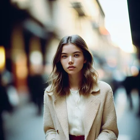 old phone photo, film grain, warm light, old phone photo, film grain, warm light, dreamy depth of field bokeh effects photo by alessio albi of a girl sasha luss walking by, crowded street in the background, analog grainy scratchy film still by ilford delta...