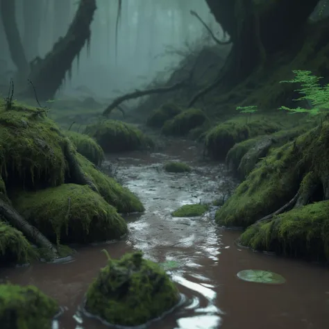 a close up of a stream running through a forest filled with green moss