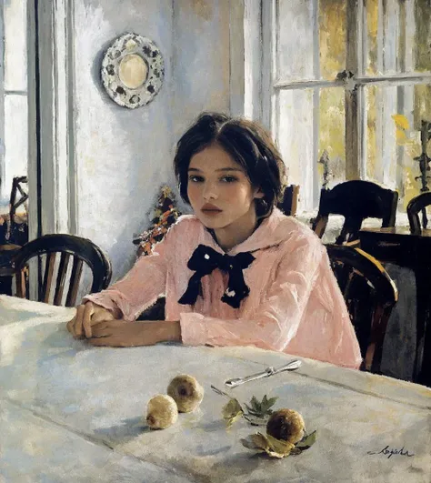 painting of a girl sitting at a table with a plate of fruit