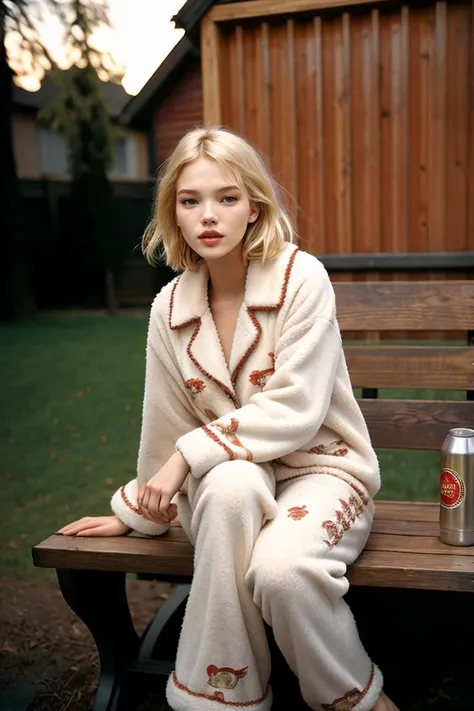 film grain,35mm grainy film a  blonde young woman sasha luss wearing fluffy pajama air-puffed sitting on bench, holding beer, on yard, barbecue, smoke, meat on the table, grill,(intricate detailed of background), Lomography Color Negative 400