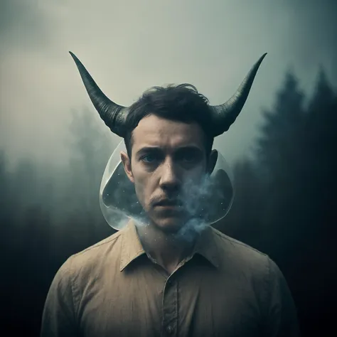 arafed man with horns and smoke in a forest