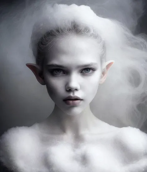 [ by bill henson lee jeffries elza bleda] (chest angle dark photo emerging from mist smoke fog) ,winter gorgeous symmetrical face of elf goddess glowing white eyes sasha luss , wearing dripping white crown frosty crown frozen liquid crown ,background