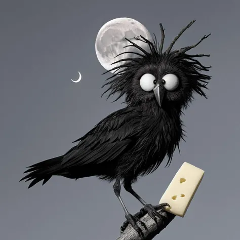 Funny disheveled skinny shaggy crow with huge eyes (carrying a piece of cheese in the beak), Tim Burton style, crooked branch, moon, twilight, minimalism, pencil drawing, blur, Gauss