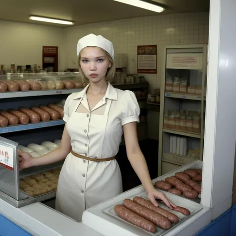 A milk and sausage saleswoman sasha luss stands behind the counter of an old Soviet store during a period of food shortages.