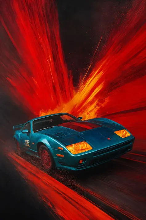 abstract expressionist painting red race car, in the style of sam spratt, historical illustrations, old masters, genndy tartakovsky, soggy, masaccio, monochromatic realism  . energetic brushwork, bold colors, abstract forms, expressive, emotional,[ in the ...